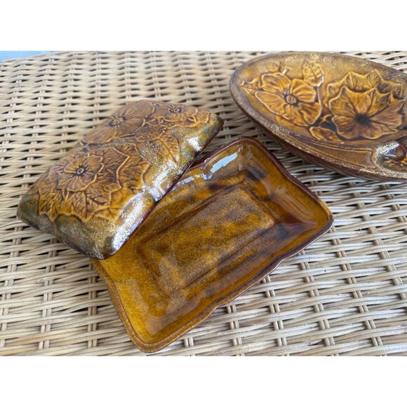 Vintage MCM California Pottery Ashtray Cigarette Box Set Brown Gold Floral - Picture 14 of 15